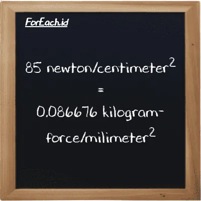 85 newton/centimeter<sup>2</sup> is equivalent to 0.086676 kilogram-force/milimeter<sup>2</sup> (85 N/cm<sup>2</sup> is equivalent to 0.086676 kgf/mm<sup>2</sup>)